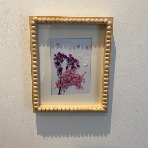 Pressed Flower Arrangement in Hand Decorated Bobbin Frame 