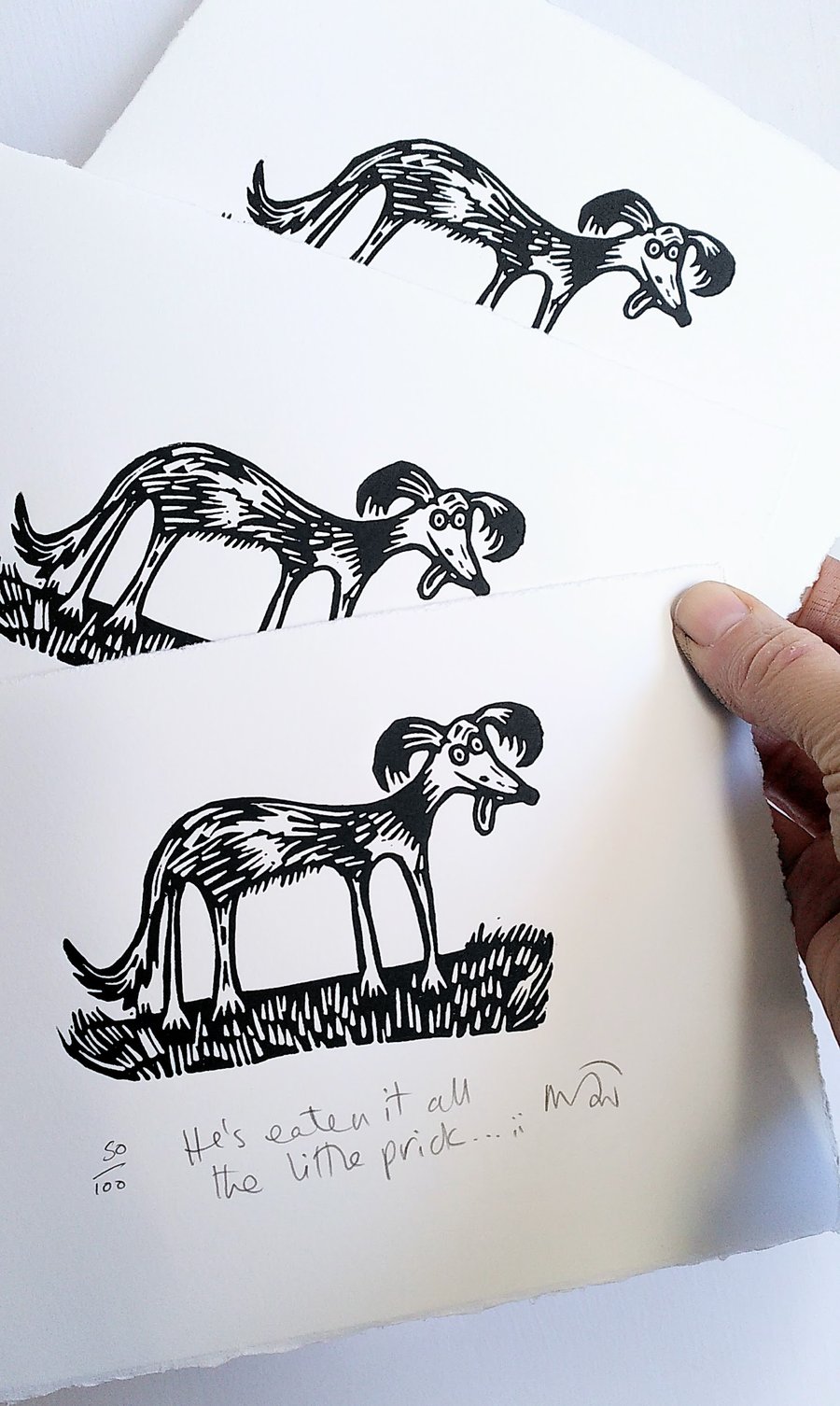 He's eaten all of it, the little ..... - lino cut print