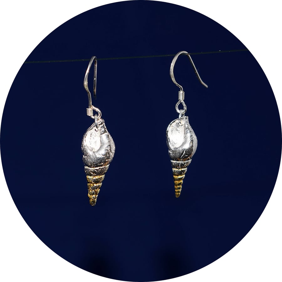 Silver Spiral Shell Drop Earrings in Fine Silver with 24ct Gold Plating