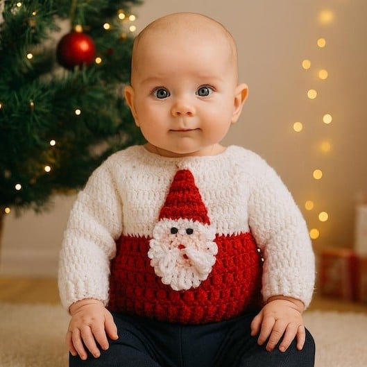 Handmade Crocheted Baby Jumper, Santa Face Knitwear, 0-3 Months Xmas Outfit