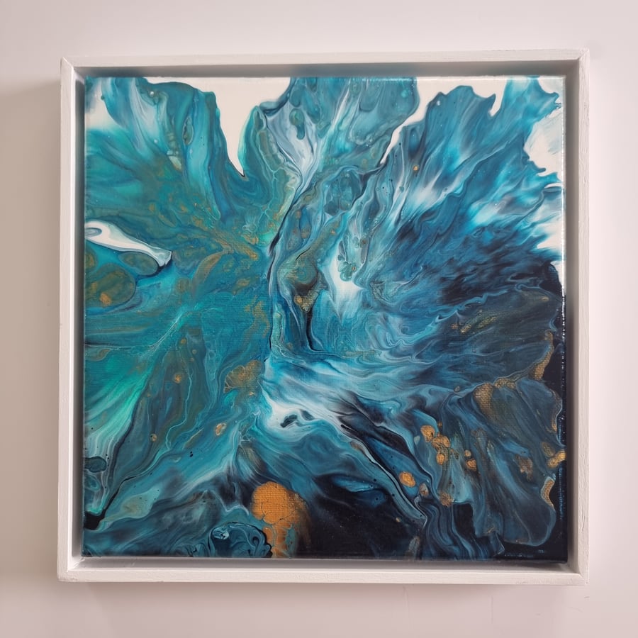 (31) Abstract Acrylic Art, Blue Square with Gold on Canvas