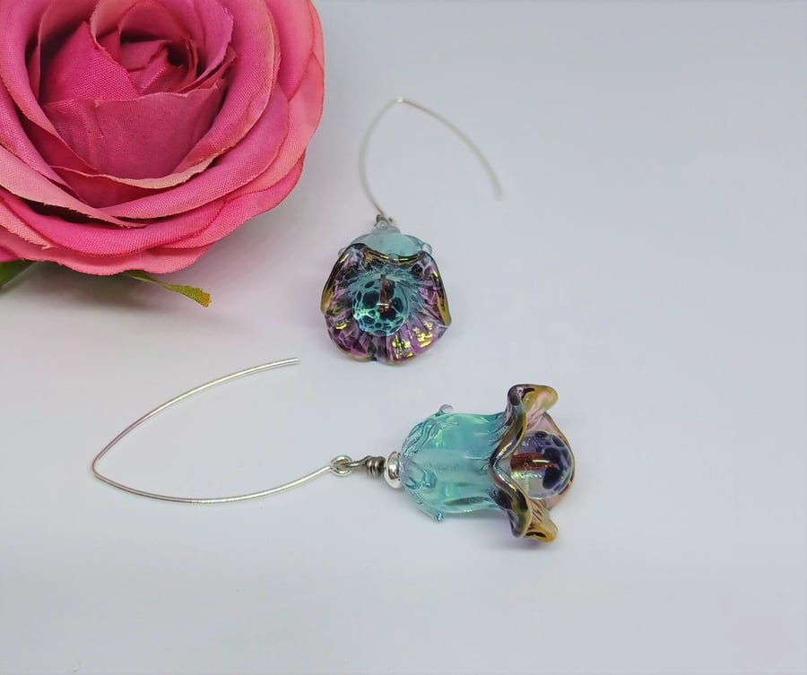Blue and Purple Lampwork Glass Bell Flower Earrings, Glass Flower Earrings, Stat