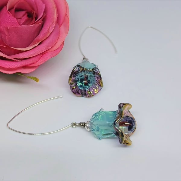 Blue and Purple Lampwork Glass Bell Flower Earrings, Glass Flower Earrings, Stat