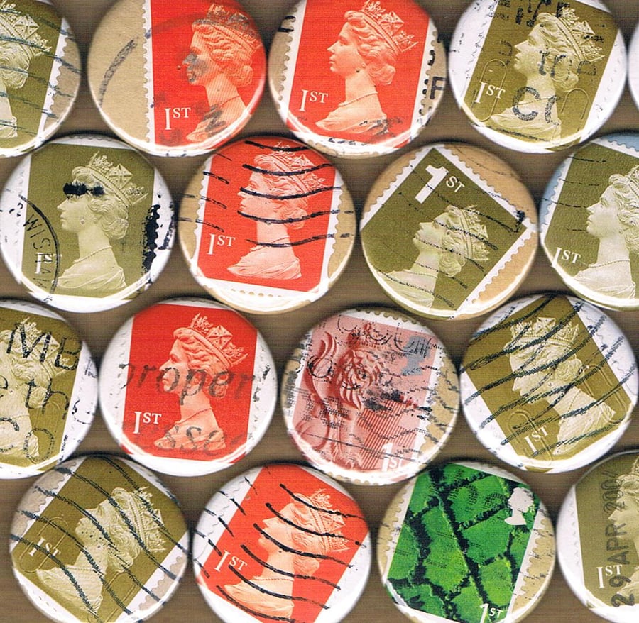 1ST CLASS MAIL Choice of Colours - Upcycled vintage Machin postage stamp badge