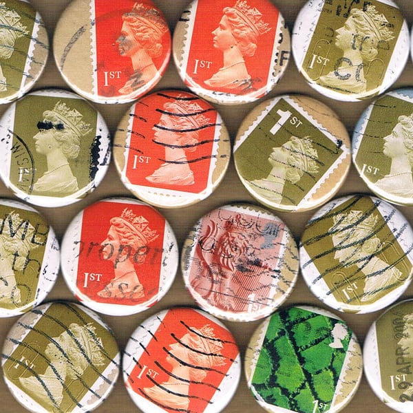 1ST CLASS MAIL Choice of Colours - Upcycled vintage Machin postage stamp badge