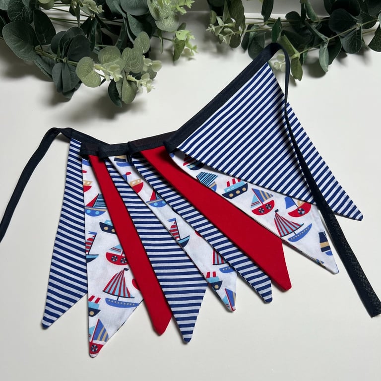 Handmade Fabric Bunting 9 Flags in a Coastal Nautical Design