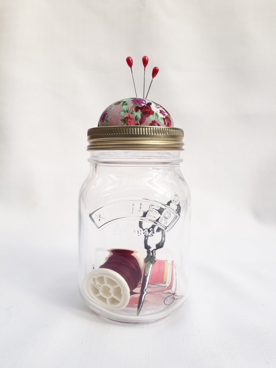 Large Pin cushion jar with screw lid for pins and needles 