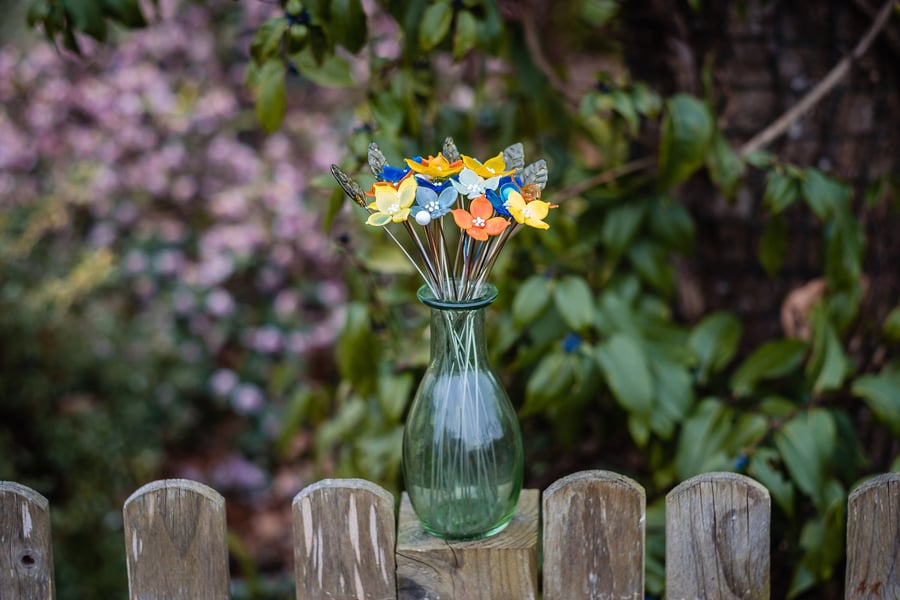 Spring Inspired Bouquet in Recycled Glass Vase - Handcrafted Flower Bouquet in B