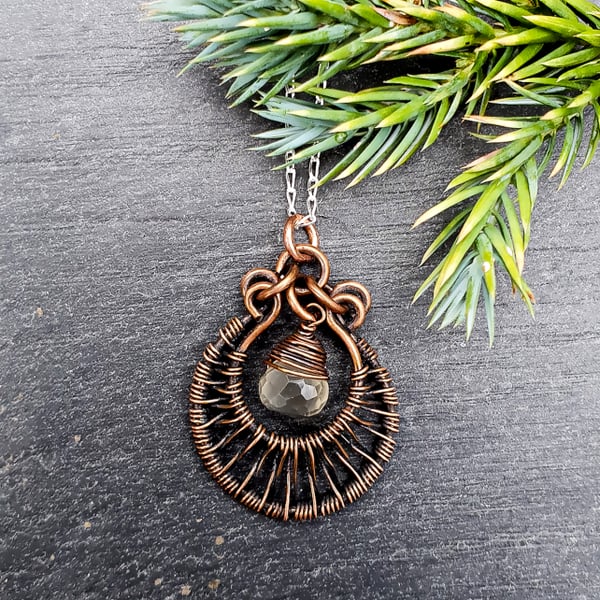 Moonstone and Antiqued Copper Wirework Pendant