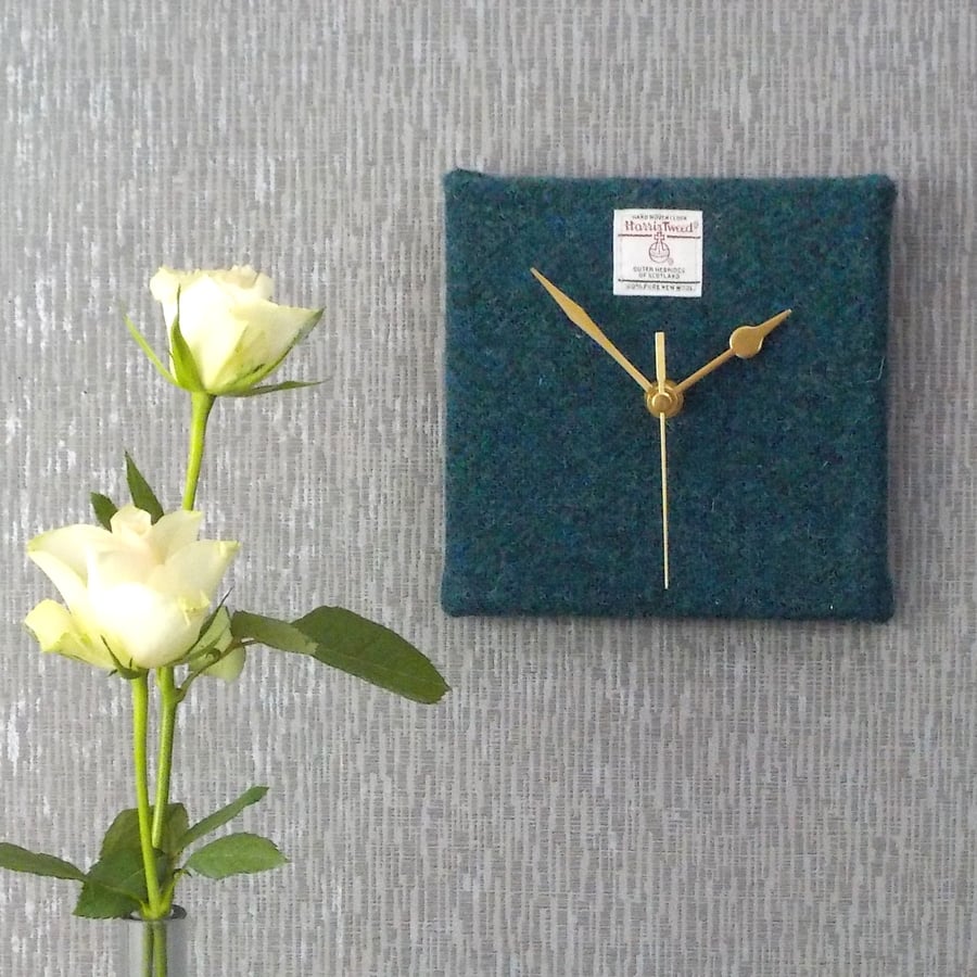 Harris Tweed small square clock teal sea green