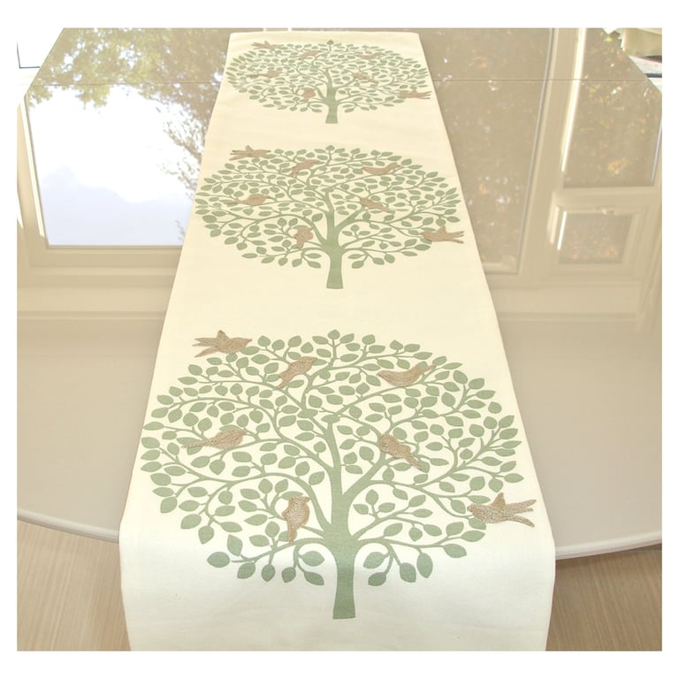 Table Runner Embroidered Birds in Trees Dining 48" 4ft Green Brown