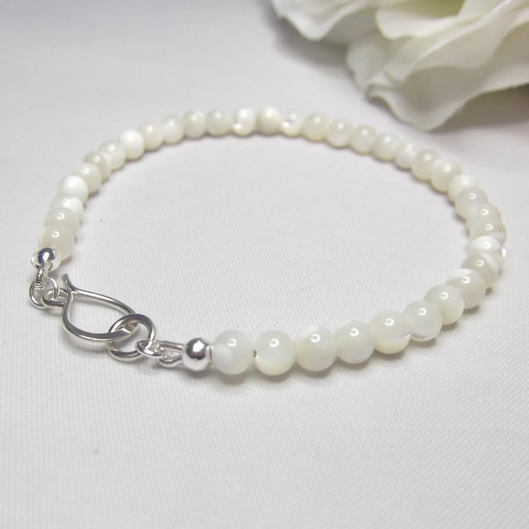 Mother of Pearl gemstone bracelet small round beads with sterling silver clasp