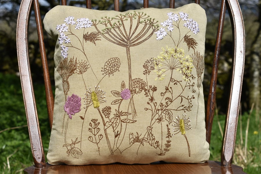 Green hedgerow flowers  - Screen printed with hand embroidery