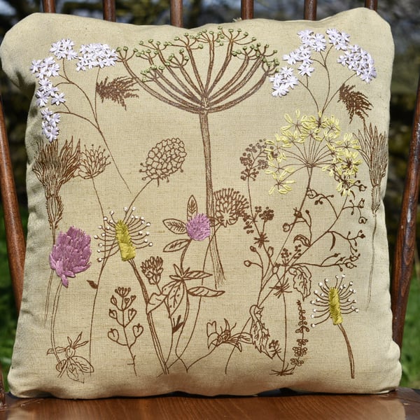 Green hedgerow flowers  - Screen printed with hand embroidery