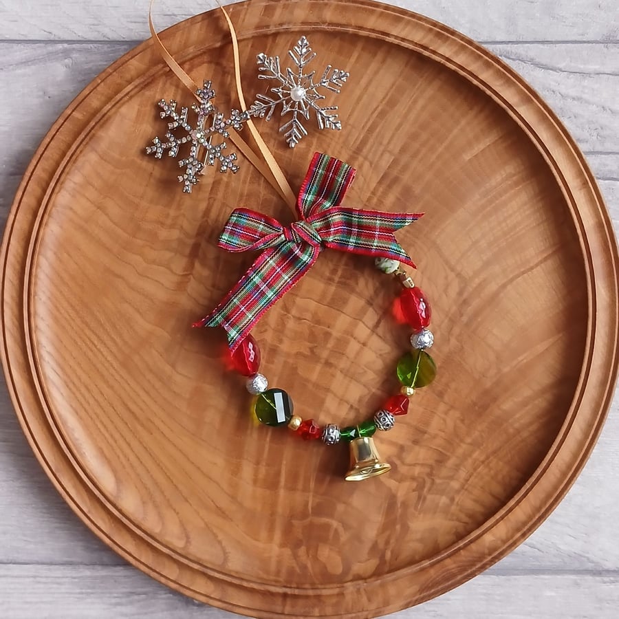 Beaded Ring Christmas Decoration with Bell and Tartan Bow