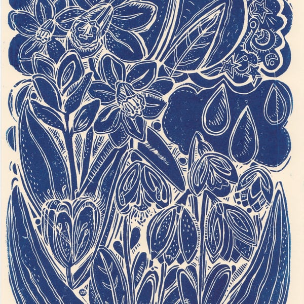 Spring Flowers & Weather - Original Blue Linocut Print