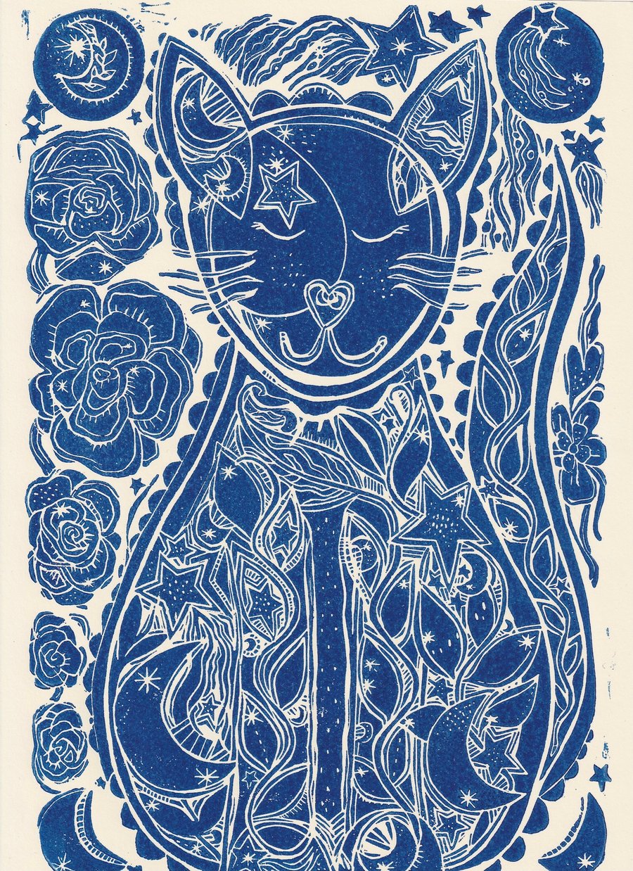 Cat Linocut Original Print A4