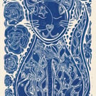 Cat Linocut Original Print A4