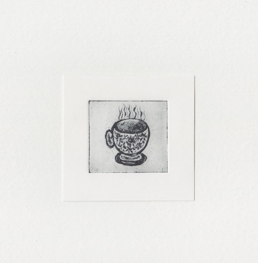 Drypoint Teacup Print - Tiny Original Art 