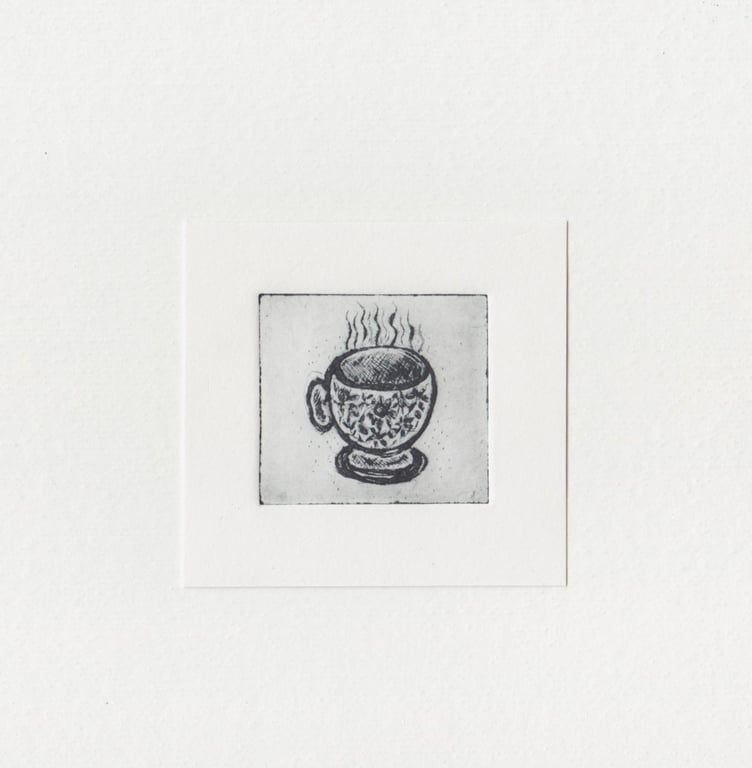 Drypoint Teacup Print - Tiny Original Art 