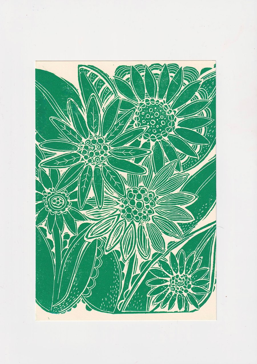 Green Flowers Original Linocut Print 