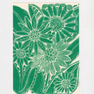 Green Flowers Original Linocut Print 