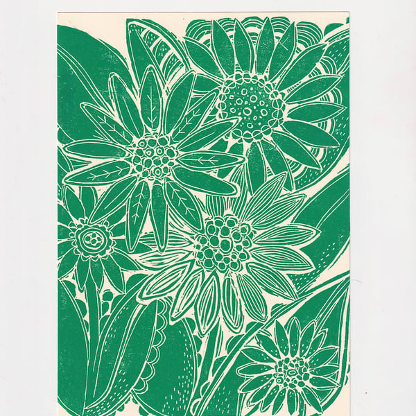 Green Flowers Original Linocut Print 