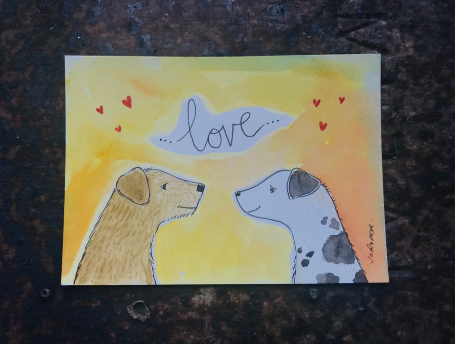 Original Painting Hearts and dogs ACEO Jo Roper