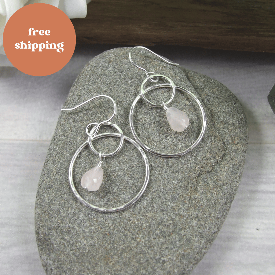 Earrings, Sterling Silver and Rose Quartz Gemstone