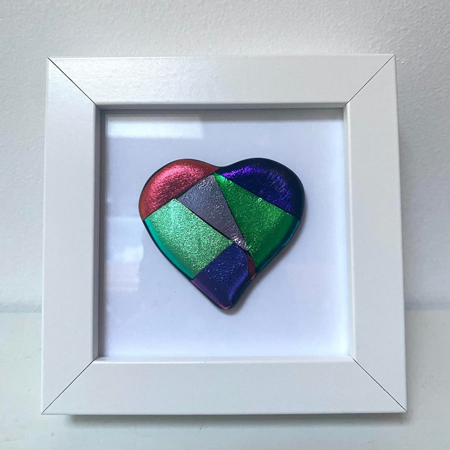 Fused Glass Heart Dichroic Heart in Picture Frame 