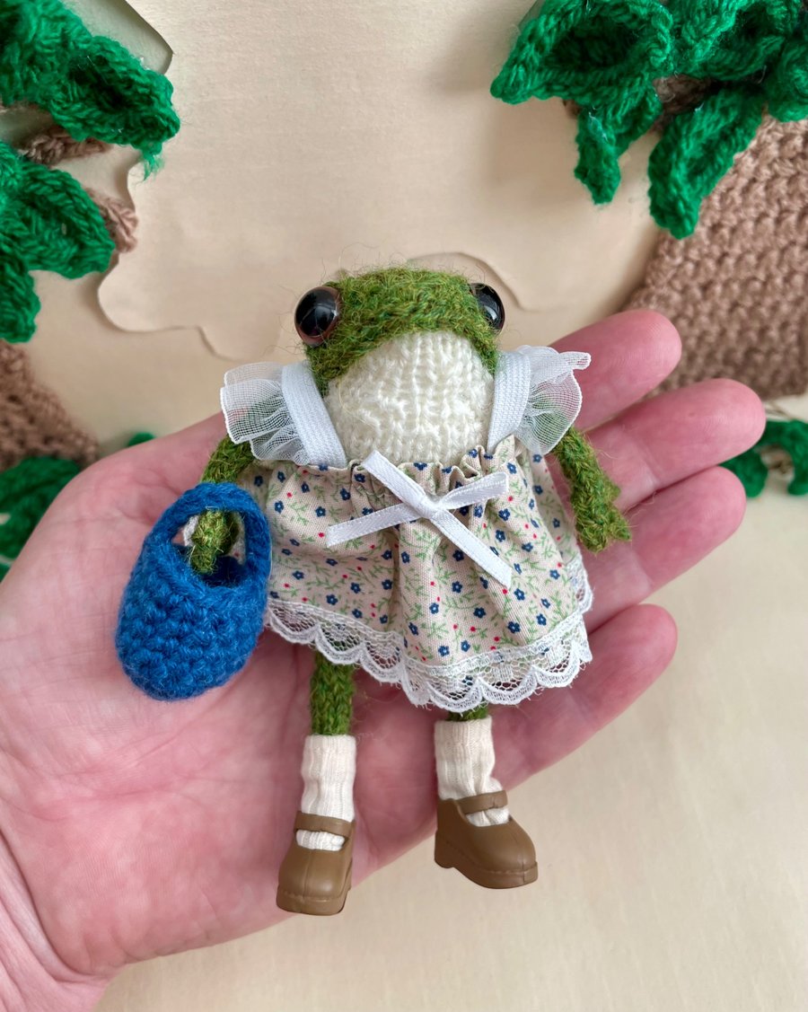  Handmade Knitted Frog in Floral Dress, Collectible Little Frog, Dot PebblesFrog