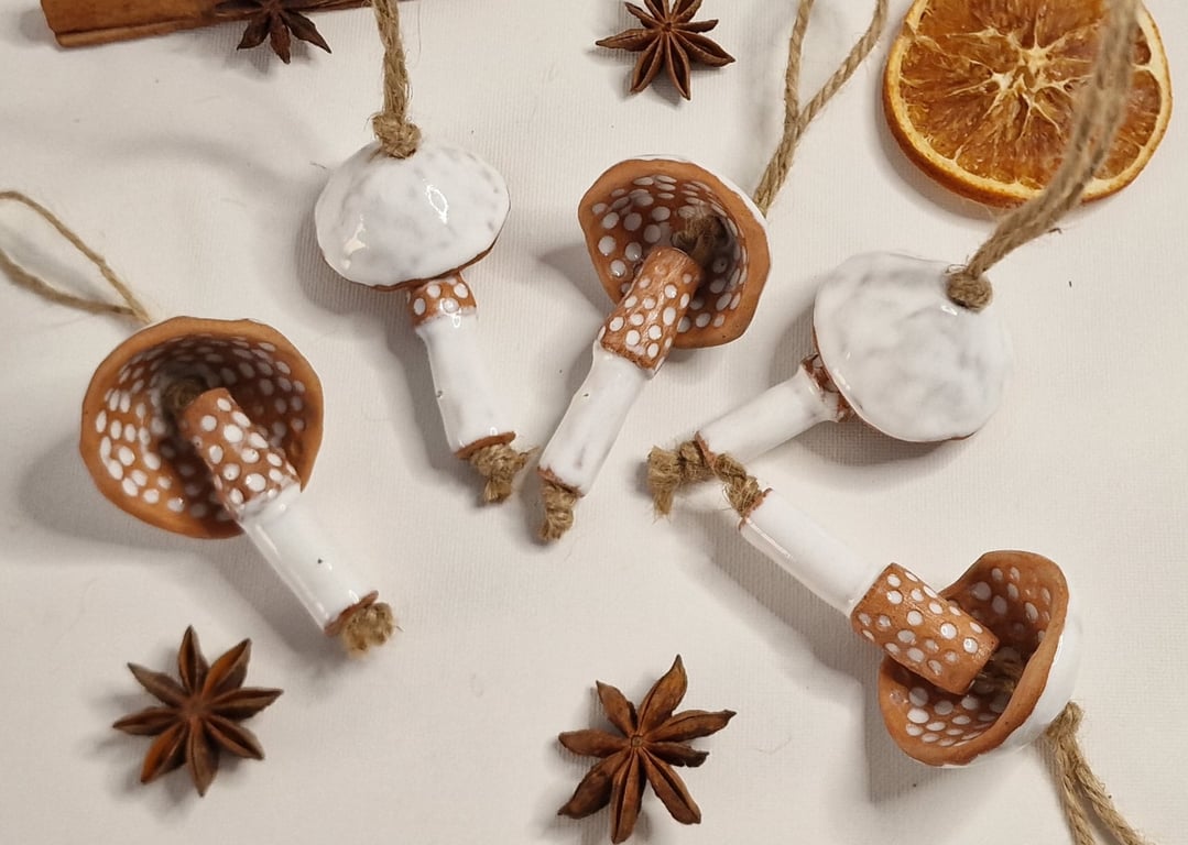 Handmade Ceramic Mushrooms – Natural Brown Clay with White Glaze