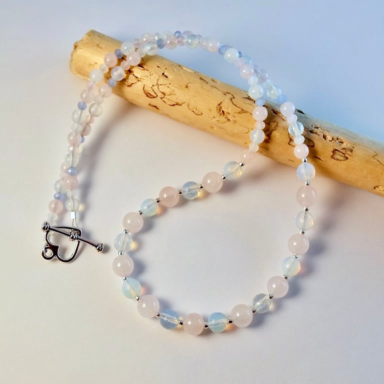 Rose Quartz, Opalite & Silver Necklace, Birthday, Mothers Day, Bridesmaid Gift.