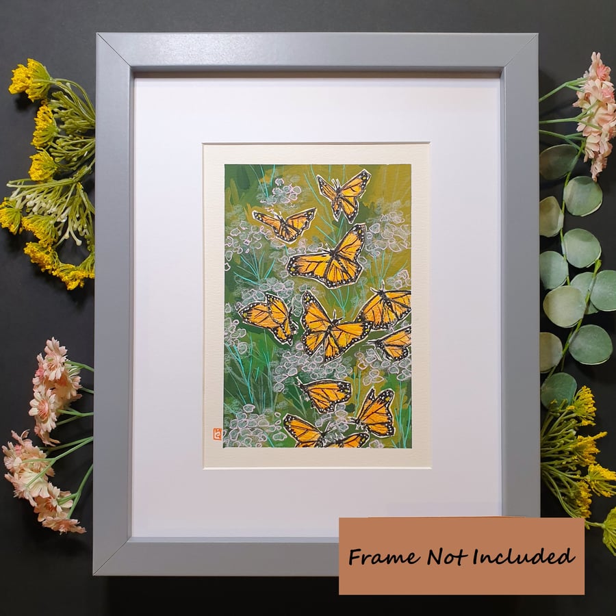 Monarch Butterflies in flight, original drawing, insect artwork, small wall art