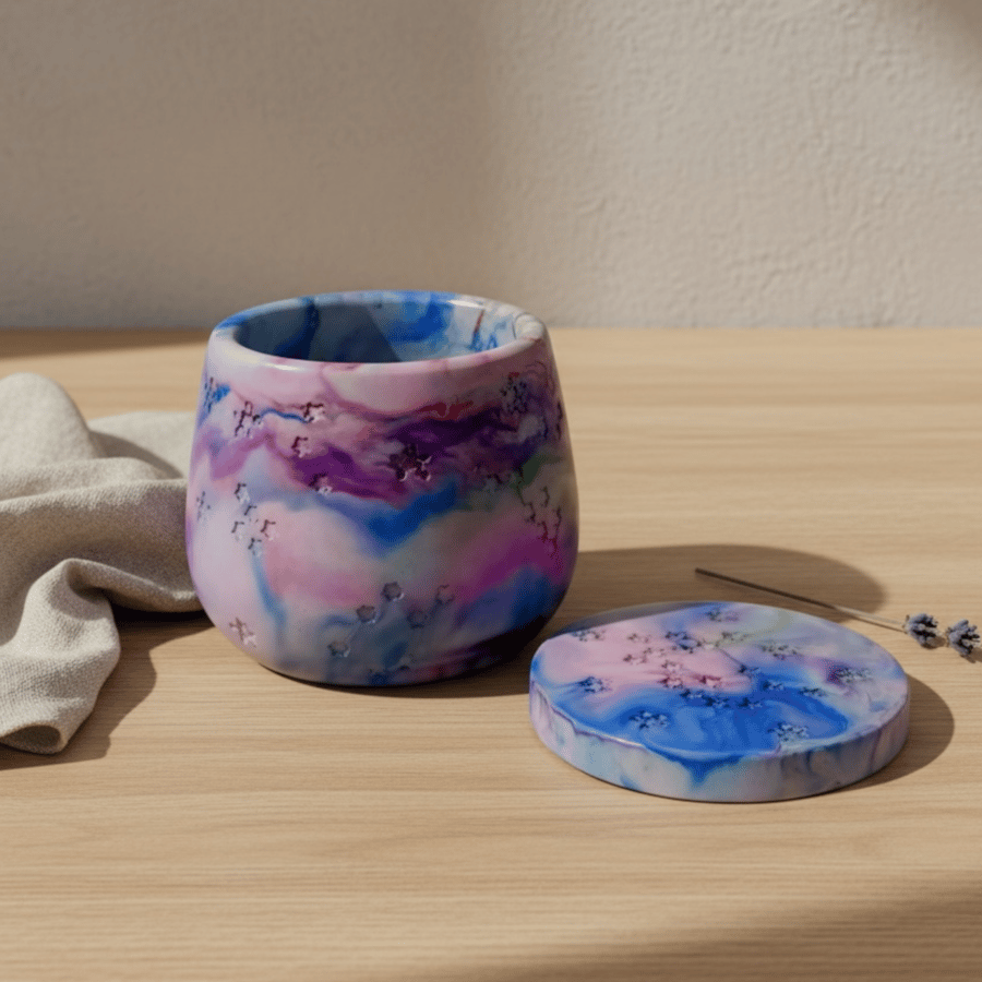 Lilac Pink Green Marbled Jewellery Box with Red Accents Star Trinket Pot