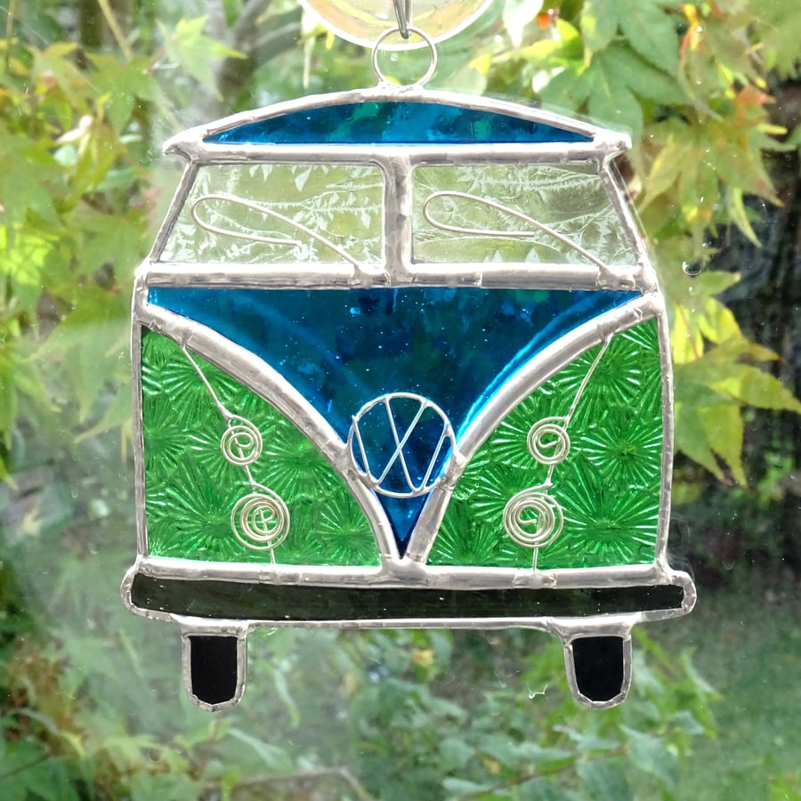 Stained Glass Camper Van Suncatcher - Handmade Decoration Turquoise and Green