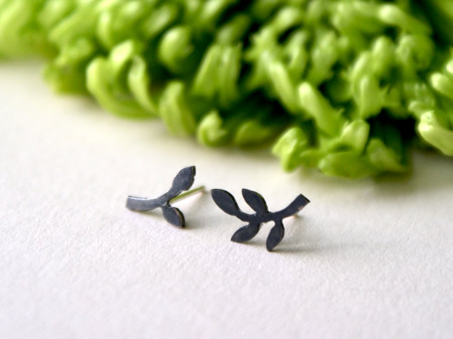 Tiny mis-matched branch stud earrings - oxidised