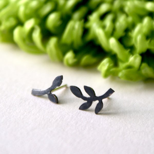 Tiny mis-matched branch stud earrings - oxidised