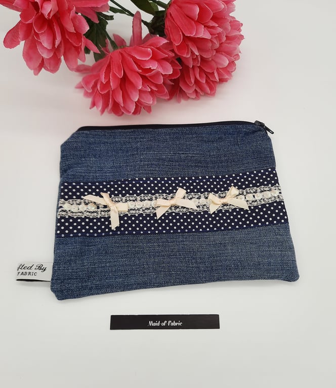 Denim and polka dot coin purse. Sale.