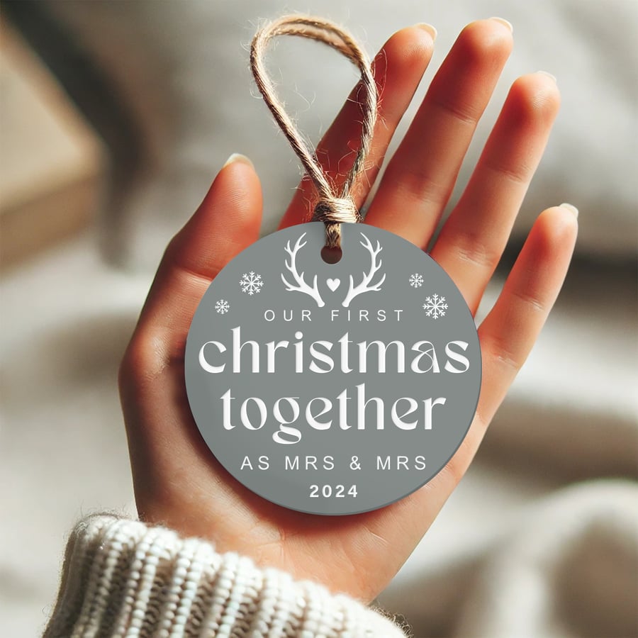 First Christmas Married - Antler Tree Ornament: Newlywed Mr & Mrs Xmas Decor