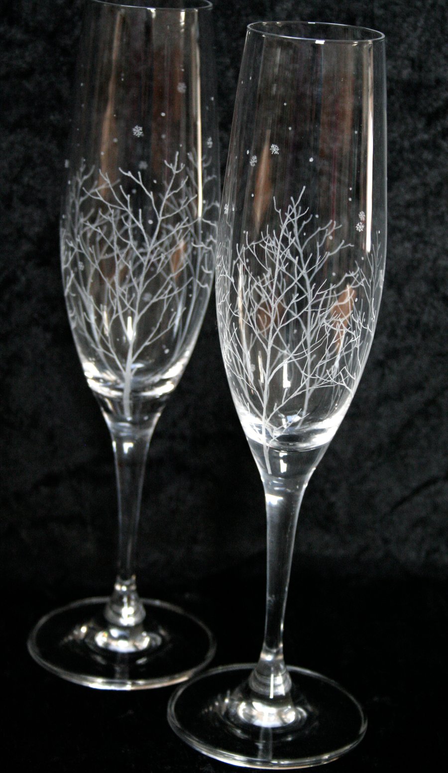 Pair of Winter Branches & Snowflakes Crystal Toasting Flutes
