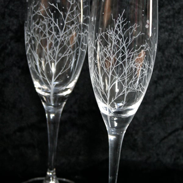 Pair of Winter Branches & Snowflakes Crystal Toasting Flutes