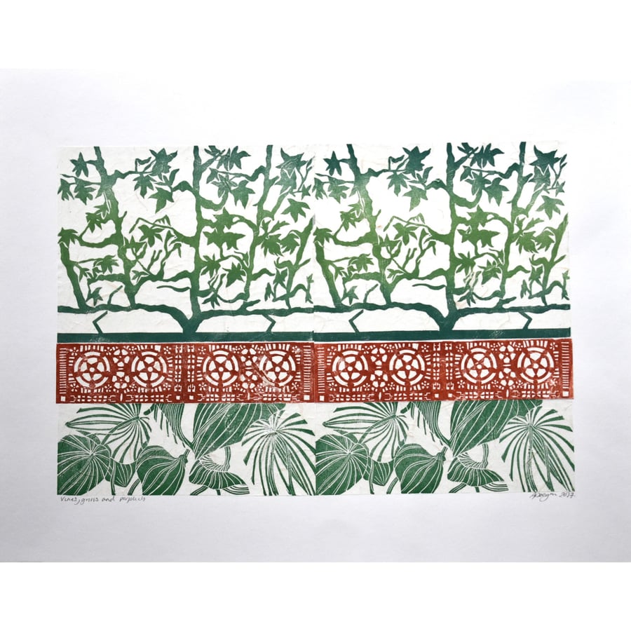 Vines, grills and perfoliates - collage lino print