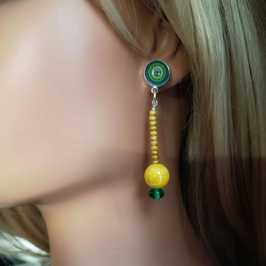 Yellow Green Ceramic Glass Earrings 
