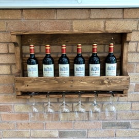 Rustic Wooden Wine Rack & Shelf - Wall Mounted - Medium Oak