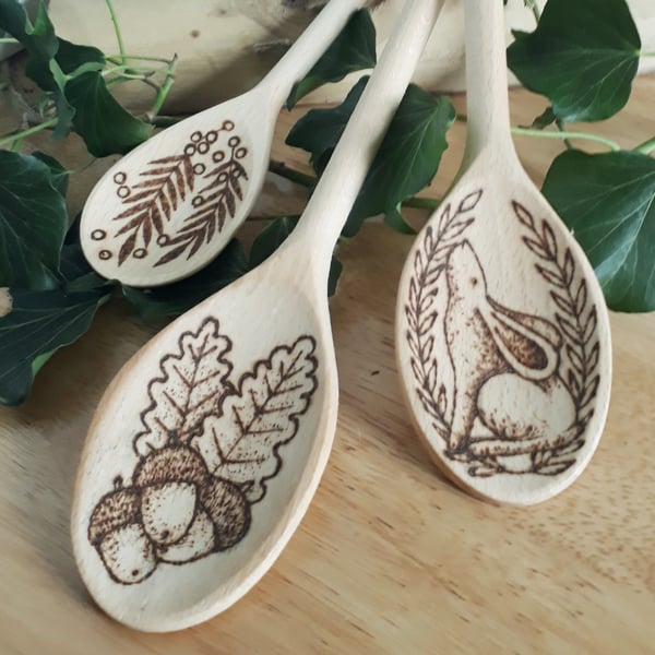 Three pyrography wooden spoons