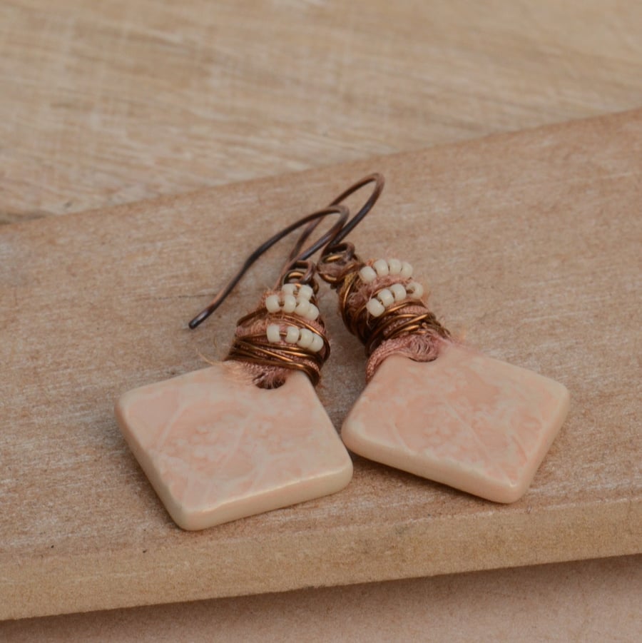 Peach Ceramic Charms, Wire Wrapped Sari Silk Ribbon & Copper Earrings