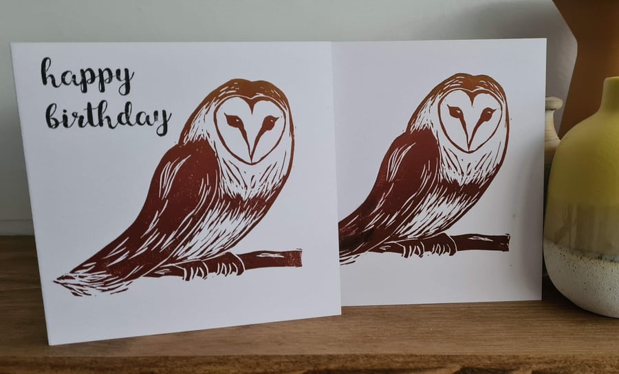Brown owl birthday card handprinted with or without text
