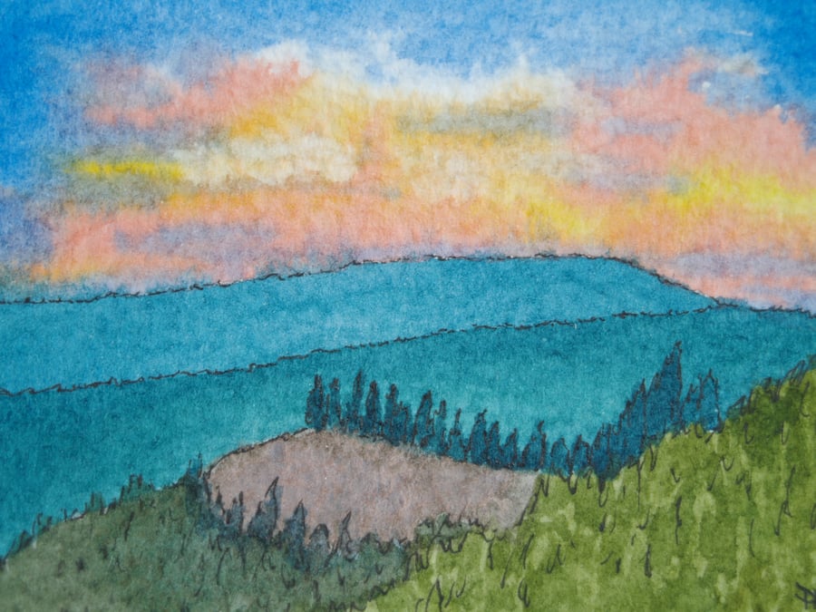 ACEO Original watercolour Sunset over Forest and Moorland 