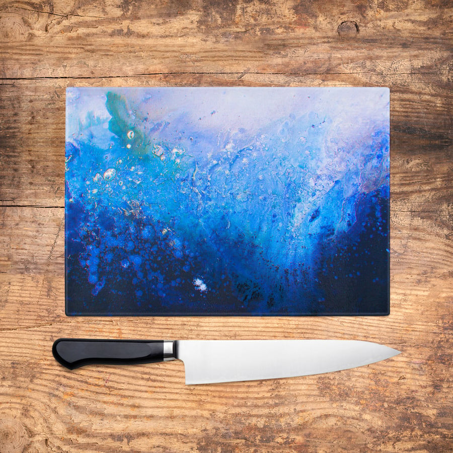 Blue Glass Chopping Board - Blue and Black Abstract Worktop Saver, Platter, Larg